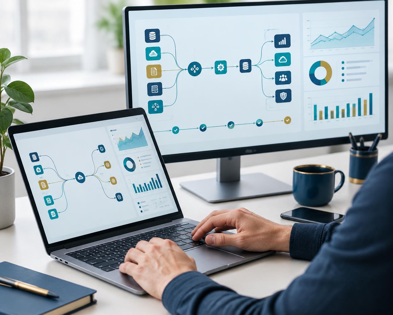 Connected workflows and analytics displayed on a laptop and monitor at a digital workspace