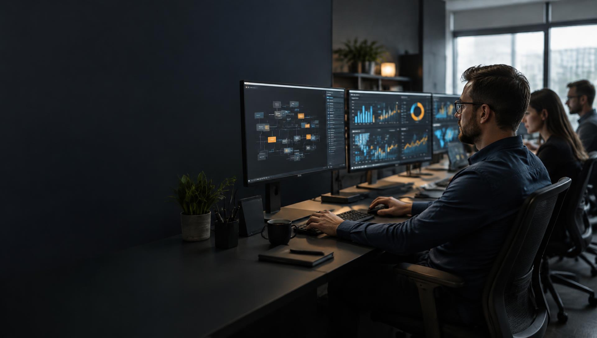 Technology specialists working with connected workflow and data analytics screens