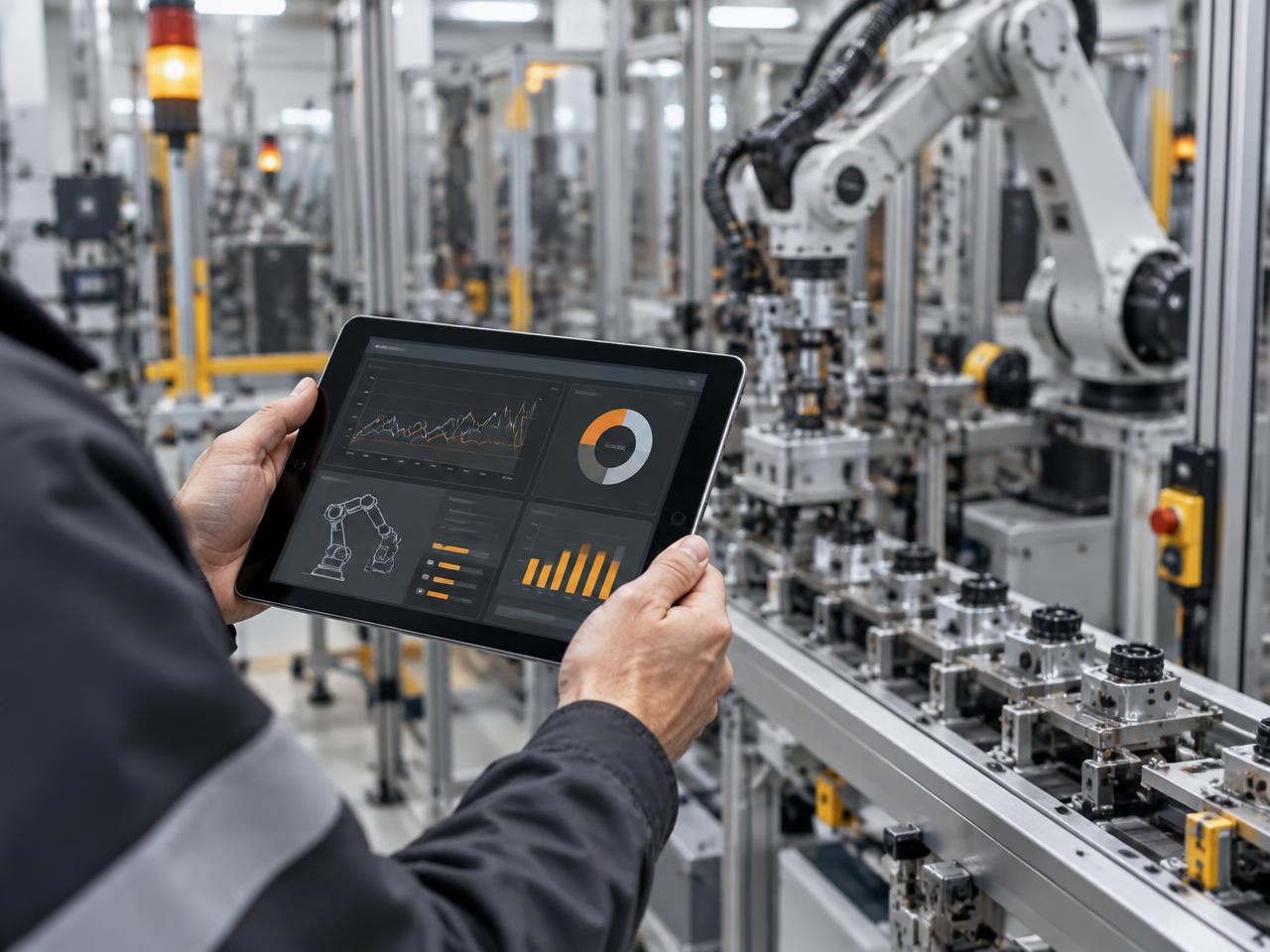 Tablet displaying live equipment analytics beside an automated manufacturing line